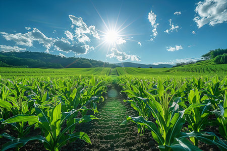Green corn field with blue sky and sun in the background, agricultural landscape