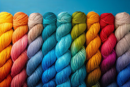 colorful skeins of thread for knitting on a blue wooden background