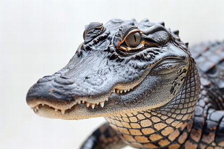Close up of a crocodile's head on a white background.