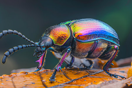 Close-up of a scarab beetle on a leaf in natureの写真素材