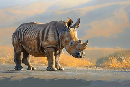 White rhinoceros (Ceratotherium simum) in the desertの写真素材