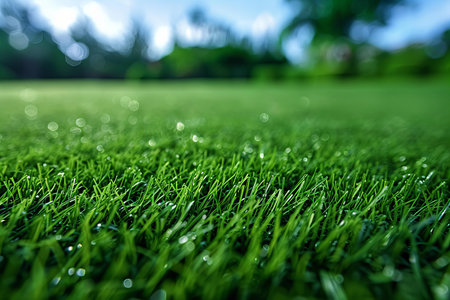 Close up of green grass with dew drops. Natural background.
