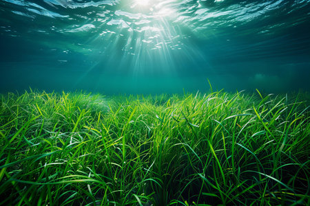 Green grass under blue sky with sunbeams. Nature composition.の写真素材