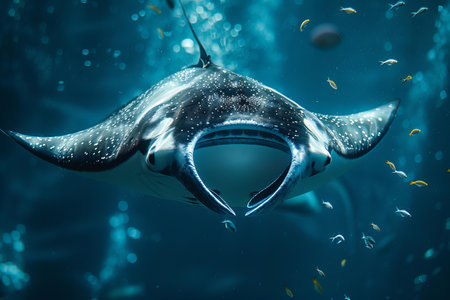 Manta ray swimming in the ocean. Underwater world. Marine life.