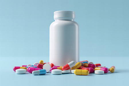 3d render of white pill bottle with spilled pills on blue background