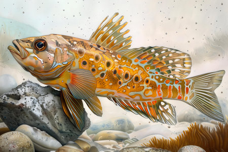 Watercolor painting of a rainbow trout fish swimming in water.