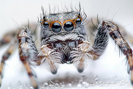 jumping spider macro close up with water droplets on its bodyの写真素材