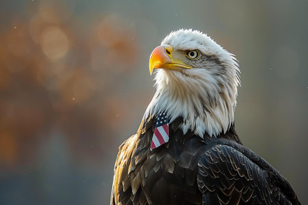 Bald Eagle with American Flag in its Beak. (Haliaeetus leucocephalus)の写真素材