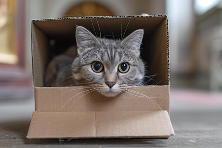 Cute tabby cat in a cardboard box on a wooden tableの写真素材
