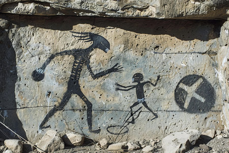 Painted rock paintings on a wall in the village of Masada, Israelの写真素材
