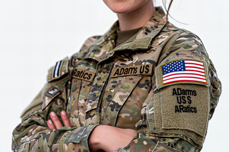 Close-up of a female soldier with the US flag on her shoulderの写真素材