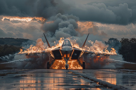 Fighter jet fighter at a military air show in the evening.の写真素材