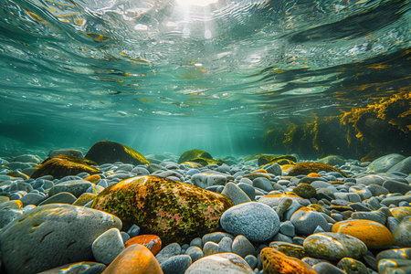 Underwater view of the coral reef with pebbles and sunlightの写真素材