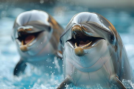 dolphins in swimming pool, closeup of photo with shallow depth of fieldの写真素材
