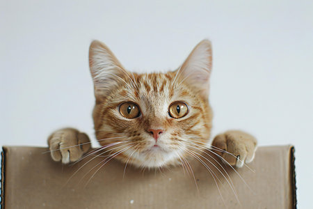 ginger cat in a box on a white background, selective focus