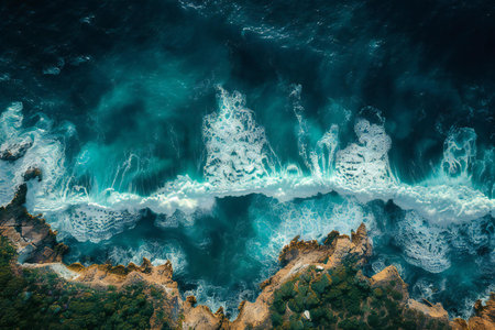 Aerial view of the ocean waves crashing on the rocks. Beautiful seascape