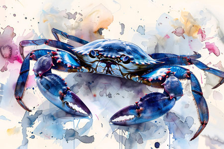 Blue crab on watercolor background. Hand drawn illustration of a blue crab.