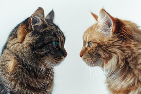 Close-up portrait of two cats looking at each other on white background