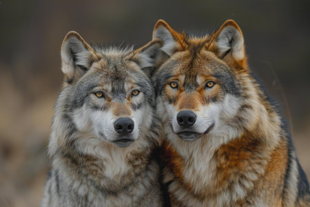 Portrait of two wolves looking at camera. Two wolves looking at camera.
