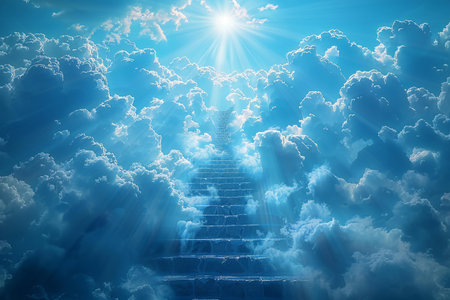 Stairs to heaven with clouds and sun. Conceptual image.