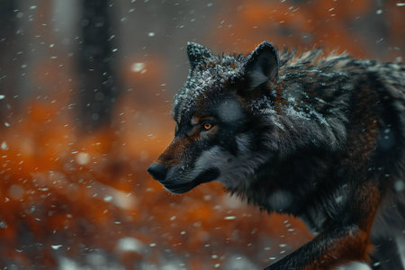 Close up portrait of a wolf in the forest on a snowy day
