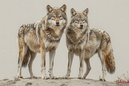 Two wolves standing in a row and looking at the camera on a gray background