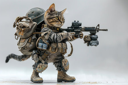 A cat in a military helmet with a rifle in his hands.