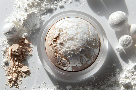 Cosmetic powder on white background, top view. Professional makeup products