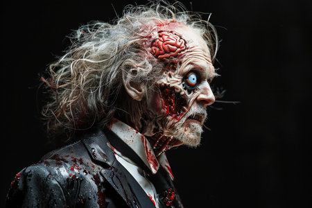 Portrait of a scary zombie man on a black background. Horror movie.