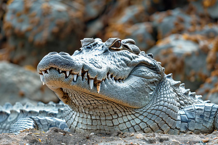Crocodile in the wild, close-up portrait.の写真素材
