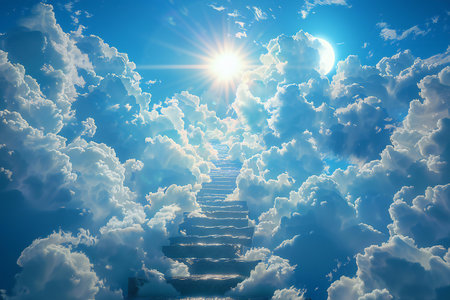 Stairway to heaven with clouds and sun. 3d renderの写真素材