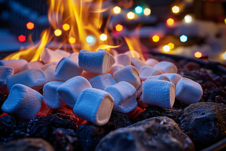 White marshmallows on the background of a burning fire. Christmas backgroundの写真素材