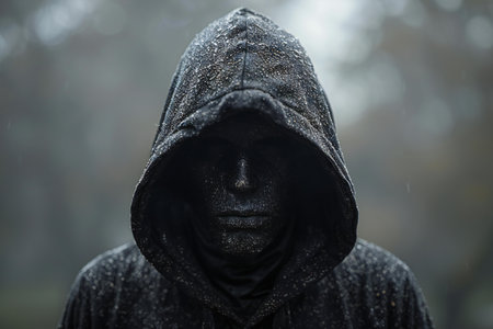 Portrait of a man in a black hooded cloak in the rainの写真素材