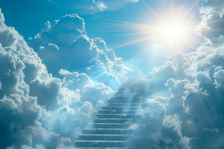 Stairway to heaven with sun and clouds. 3D renderingの写真素材