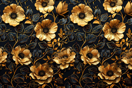 Seamless pattern with gold poppies on black background.