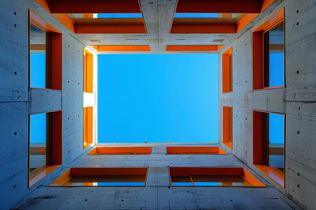 abstract 3d illustration of modern architecture, concrete wall and blue skyの写真素材