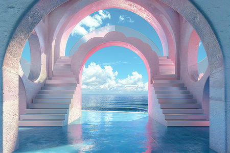 3d rendering of an arched corridor leading to the sea.の写真素材