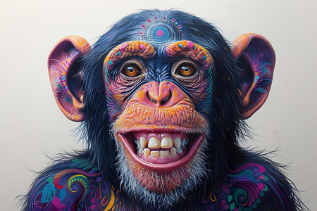 Face of chimpanzee with colorful patterns on his face, close upの写真素材