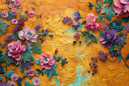 Colorful flowers on orange background. Top view. Flat lay.の写真素材