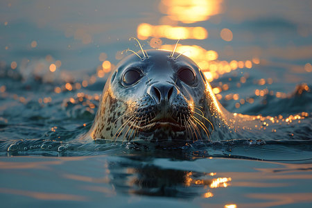 Close-up portrait of a seal swimming in the water at sunsetの写真素材