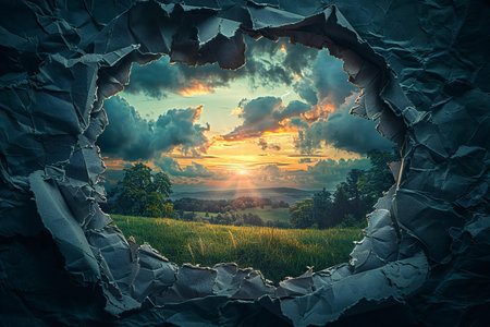 Torn paper hole in the sky with beautiful sunset. Collage.の写真素材