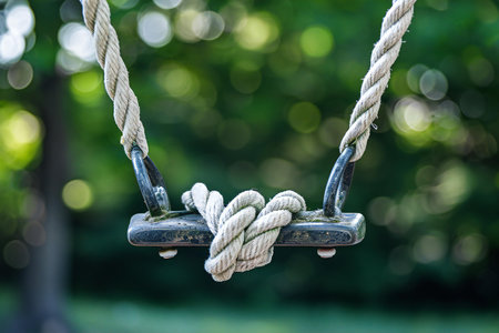 Close up of a rope swing in the park with bokeh backgroundの写真素材