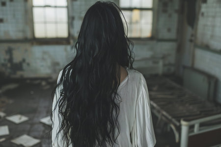 Young woman with long black hair in abandoned factory, rear view.の写真素材