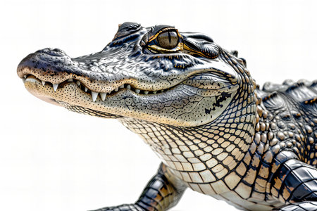 Close up of a crocodile head, isolated on white background.の写真素材