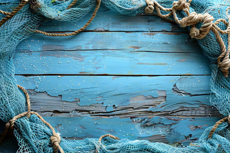 Fishing net on blue wooden background. Top view. Copy space.の写真素材