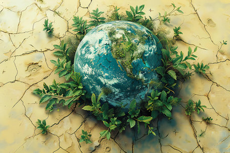 Earth planet on cracked earth background with green plants, 3D illustrationの写真素材