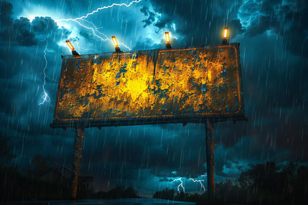 Billboard in the rain with lightning and stormy sky background.の写真素材