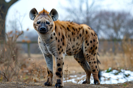 Spotted hyena (Crocuta crocuta) in winterの写真素材