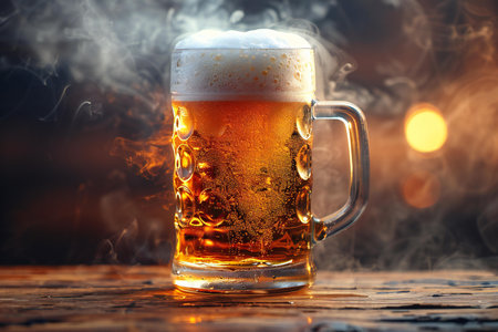 glass of beer with foam on a wooden table with bokeh background