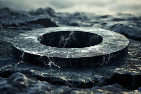 Black marble round hole on the beach. 3D Rendering.